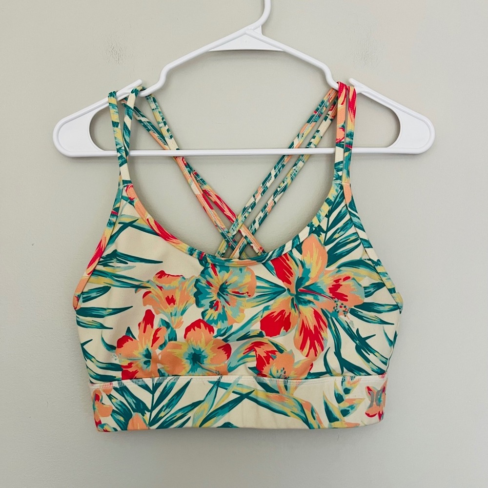 Hurley H2O-Dri Tropical Floral Strappy Back Sports Bra Cream Multi Color S/M